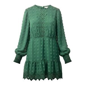 Women’s Long Sleeve Swiss Dot Lace Chiffon Mini Dress L Party Event Cocktail